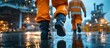 © Garis - Industrial Workers in Red Protective Suits Walking on Wet Oil Rig Platform