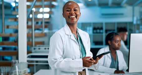 Poster - Scientist, confident or happy woman in lab with tablet, portrait or gene editing in medical experiment. Smile, biology innovation or proud person with science report, DNA test or research results