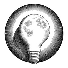 Wall Mural - detailed moon textured light bulb with shining or sunburst effect black and white outline line art