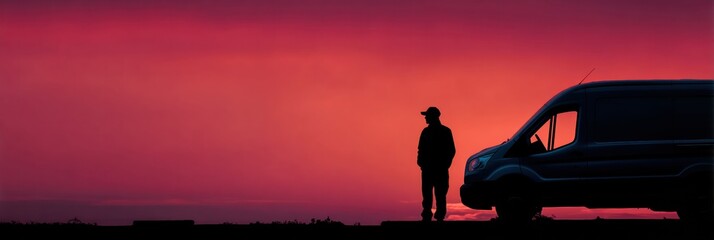 Poster - Service Worker Silhouette by Van at Sunset With Colorful Sky in the Background Generative AI