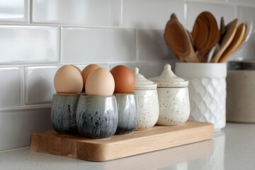 Poster - Modern Kitchen Island With Ceramic Containers Holding Eggs and Wooden Utensils in a Cozy Home Environment Generative AI