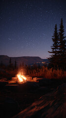 Wall Mural - nighttime campfire surrounded by a starry sky, illuminating the outdoor setting