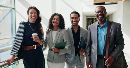 Poster - Face, group and happy business people in office for cooperation, about us and investment banking. Portrait, teamwork and confident workers together for finance, solidarity and corporate workforce