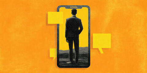 a silhouetted man stands inside a large smartphone screen with speech bubbles around. concept: digit