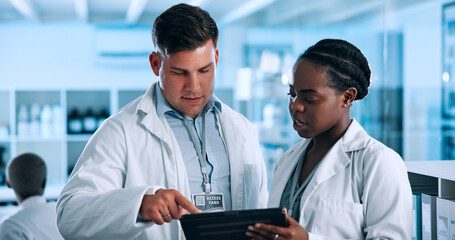 Aufkleber - Science, meeting and people on tablet in lab with medical results, research report and planning. Healthcare, pharmaceutical and scientist on digital tech for online review, feedback and teamwork