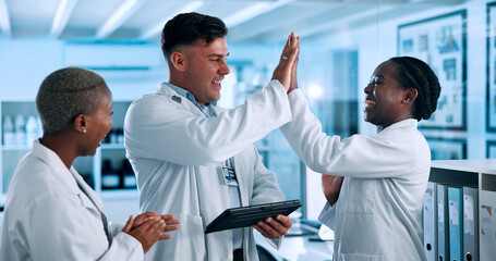 Poster - Science, high five and people on tablet in laboratory celebrate for results, breakthrough and medical progress. Healthcare, pharmaceutical and scientists on tech for research, discovery and success