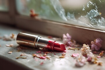 Aufkleber - Melted Lipstick Rests on a Warm Windowsill Surrounded by Delicate Flower Petals in Soft Morning Light Generative AI