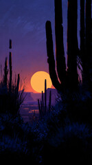 Wall Mural - sunset casting warm hues on towering cacti in an arid desert landscape, with a purple sun in austral