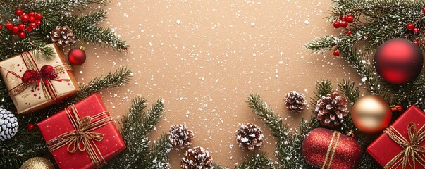 Wall Mural - Christmas decoration border with ornaments, presents and fir branches on brown background