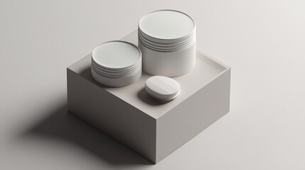 Poster - White cosmetic cream jars and soap resting on pedestal