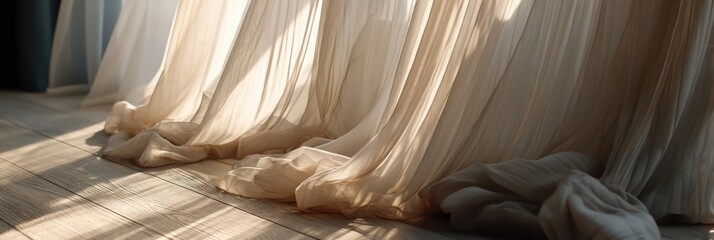 Poster - Soft Sheer Curtain Blowing Gently in a Sunlit Room Enhances the Tranquil Ambiance of the Space in the Early Afternoon Light Generative AI