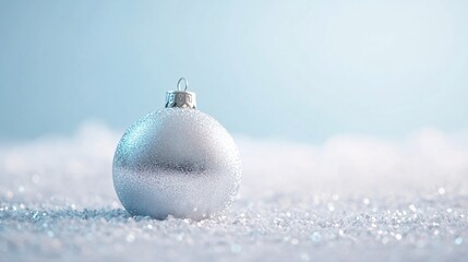 Aufkleber - Silver christmas ball ornament resting on sparkling snow against light blue background
