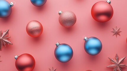 Aufkleber - Christmas pastel pink background showing blue and pink ornaments and stars