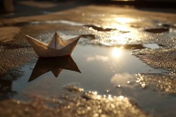 Fototapete - Paper Boat Drifts Serenely in a Sunlit Puddle Reflecting Golden Light During a Warm Afternoon Generative AI