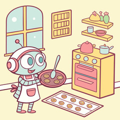 Wall Mural - Cute robot baking cookies in a cheerful cartoon kitchen