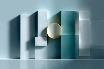 Poster - Abstract Geometric Composition: Rectangles, Circle, and Textured Surfaces in Shades of Blue and White