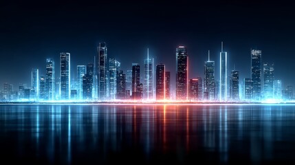 Poster - Futuristic Cityscape Reflections: Neon Lights illuminate the Water, a Symphony of Urban Glows.
