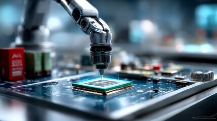 Fototapete - Precision Robotics: Automated Manufacturing of Integrated Circuits on a Printed Circuit Board