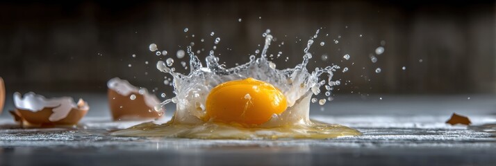 Aufkleber - Yolk Splash Frozen in Motion With Broken Shell Captured in a Kitchen Setting During Natural Light Generative AI