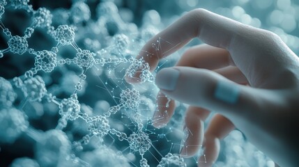 Developer interacting with pharma AI interface and molecule visuals presenting algorithmic modeling
