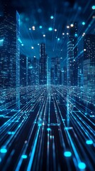 Fototapete - Futuristic smart city connecting through digital data flowing across buildings