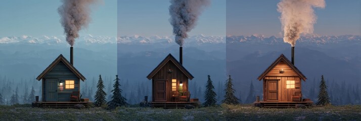 Aufkleber - Cozy Tiny Mountain Cabins With Warm Fireplaces in a Tranquil Alpine Setting During Twilight Hours Generative AI