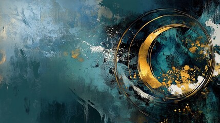 Leinwandbilder - Golden crescent moon shining on abstract textured turquoise background