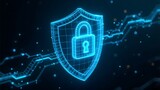 A glowing blue wireframe shield with a padlock on a dark background with circuit board lines