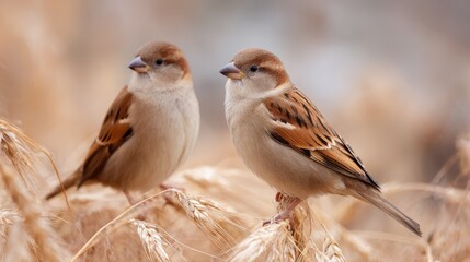 Aufkleber - Tiny sparrows rest on golden barley stalks during the soft glow of evening light, showcasing a rustic natural setting with a beautiful shallow depth of field