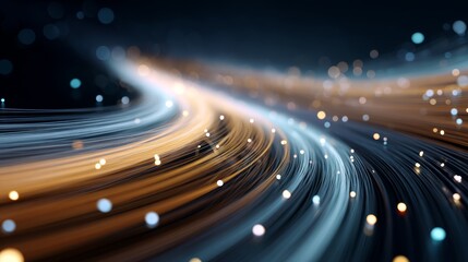 Fototapete - Intricate fiber optic cables emit soft blue and orange lights, creating a captivating visual effect in a dark, technology-themed environment with ample copy space