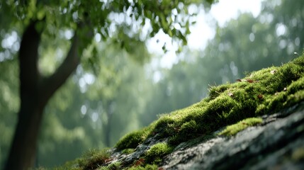 Aufkleber - A vibrant moss-covered rock rests in a lush forest, illuminated by soft sunlight filtering through the branches, creating a serene natural atmosphere