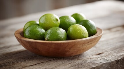 Aufkleber - Rustic wooden bowl holds vibrant green limes with textured skin, illuminated by soft natural light on a weathered wooden table, creating a fresh ambiance