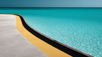 Aufkleber - A close-up shows the turquoise lagoon with black and yellow lane markers sparkling in the sunlight, offering a tranquil spot for relaxation