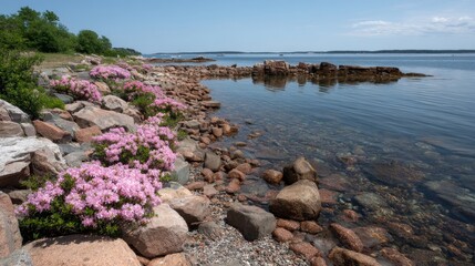 Aufkleber - Elevated view showcases vibrant pink azaleas blooming along a coastal cliff with serene waters extending into the horizon on a clear day