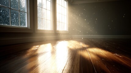 Poster - Frost particles sparkle in sunlight filtering through windows, creating a warm ambiance in a bright living area with light snow outside