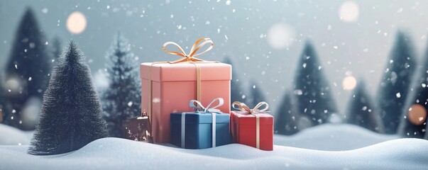 Aufkleber - Christmas gifts resting on snow in a magical forest during a snowfall