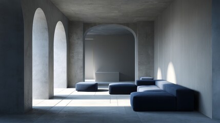 Aufkleber - Frontal view of a minimalist room featuring a navy sectional, arched entryways, and neutral accents illuminated by soft daylight with empty space for text