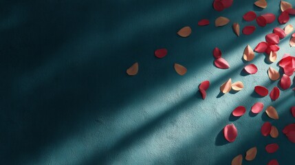 Poster - Colorful petals in shades of red and peach are artistically arranged on a textured teal surface, enhanced by soft shadows to evoke a calm atmosphere