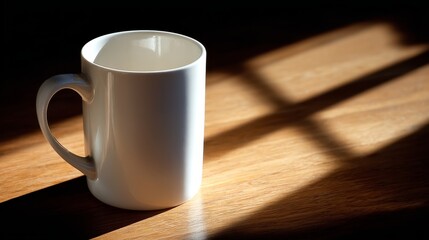 Poster - Ceramic mug rests on a wooden tabletop, enveloped in deep shadow, while a narrow beam of warm light creates an inviting atmosphere with copy space available