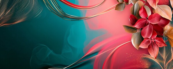 Poster - Red and gold autumn leaves on flowing teal and coral background
