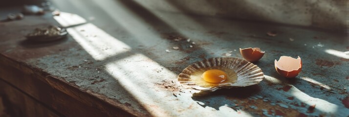 Poster - Sunbeam Illuminates Vintage Table With Broken Eggshell and Yolk Creating a Serene Atmosphere in an Old Rustic Setting Generative AI