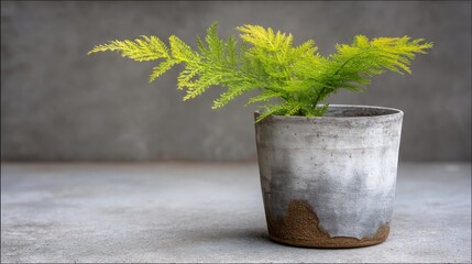 Aufkleber - A fern sprout emerges from a clay pot, showcasing vibrant green leaves against a softly lit background, symbolizing growth and new beginnings