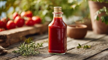 Aufkleber - Chunky tomato sauce fills a clear glass bottle, prominently placed on a rustic wooden table surrounded by fresh herbs and ripe tomatoes in natural light