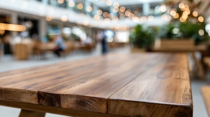 Poster - Polished oak tabletop presented prominently with a softly blurred rustic cafe interior in the background, providing ample copy space for artistic use