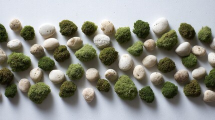 Aufkleber - Textured green moss patches alongside decorative pebbles are artfully arranged on a white background, creating an organic-themed design that incorporates copy space