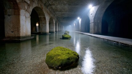 Leinwandbilder - Submerged ruins glow with coral and moss in clear waters, as blue light softly highlights ancient structures in a mystical underwater setting