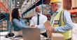 © peopleimages.com - Business people, document and shaking hands in warehouse for logistics, meeting for supply chain collaboration. Import team, tech or handshake in storage for export deal, service agreement or welcome