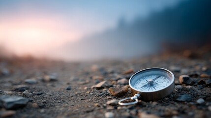 Aufkleber - A wide-angle view captures a misty dawn on a mountain trail, with a radiant compass floating above, inviting exploration amid nature's beauty