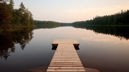 Aufkleber - Golden-hour light reflects on a calm lake with a wooden pier stretching into the water, surrounded by dense trees at dusk, providing a tranquil atmosphere