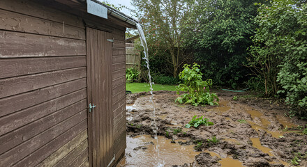 Neglected Garden Shed Overflowing with Rainwater Creating a Muddy Mess
